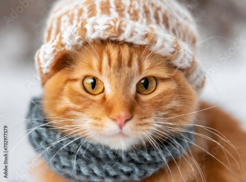 Funny ginger cat in in a warm knitted hat and scarf on a winter day © D'Arcangelo Stock
