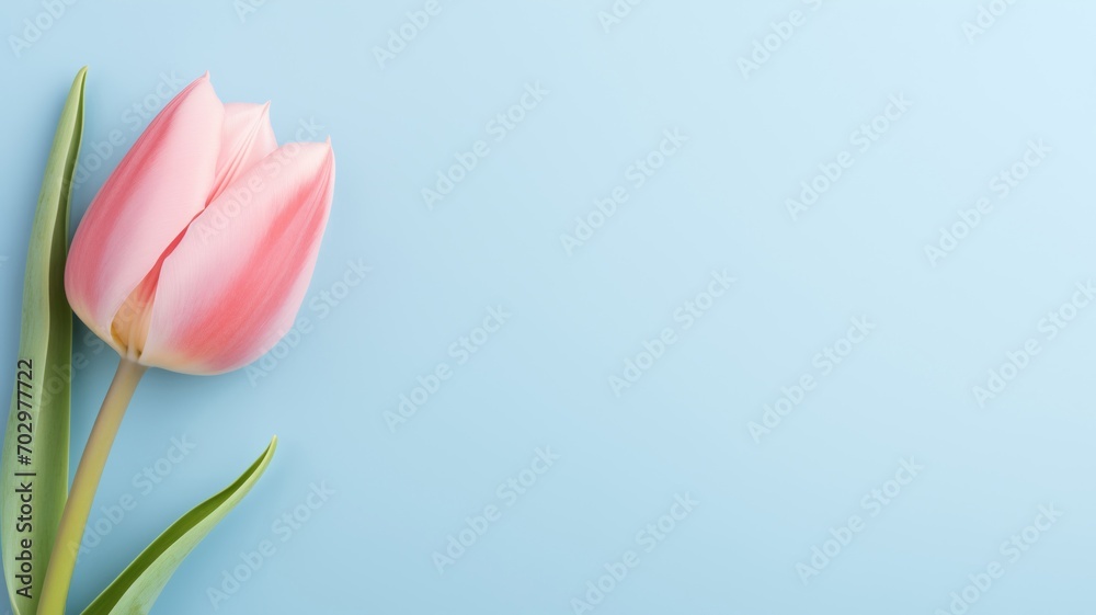 Fototapeta premium Delicate pink tulip on a blue background. Space for text or design.