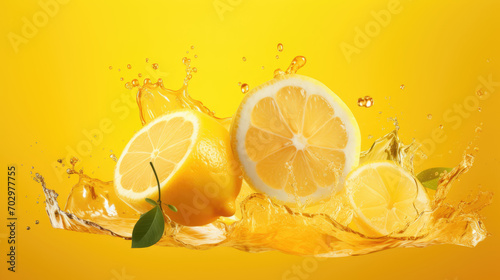 Vibrant Lemon Juice Splash on Yellow Background