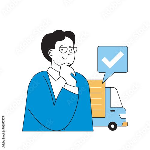 Delivery concept with cartoon people in flat design for web. Man manages cargo transportation in post company and storage at warehouse. Vector illustration for social media banner, marketing material.