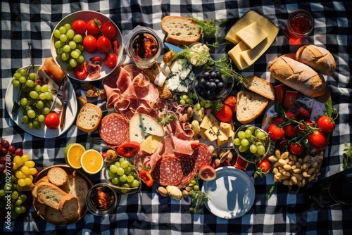 An overhead shot of a picnic blanket spread with delicious food on a sunny meadow photo