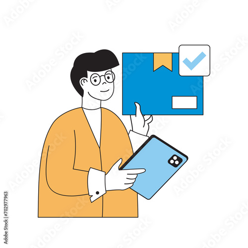 Delivery concept with cartoon people in flat design for web. Man getting notify information about parcel arrived at postal company. Vector illustration for social media banner, marketing material.