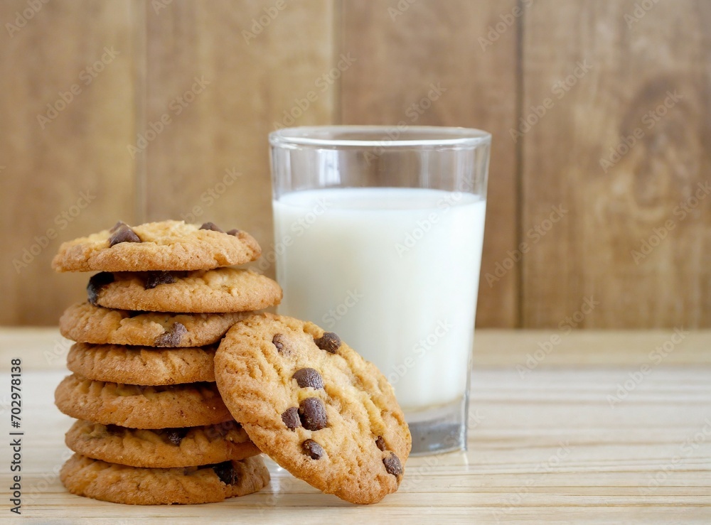 Stack of chocolate chip cookies and glass of milk on the table on brown background Stack of chocolate chip cookies and glass of milk on the table on brown background