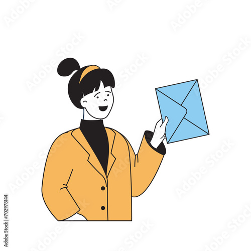 Delivery concept with cartoon people in flat design for web. Woman receiving mail letter or postcard in envelope to postal mailbox. Vector illustration for social media banner, marketing material.
