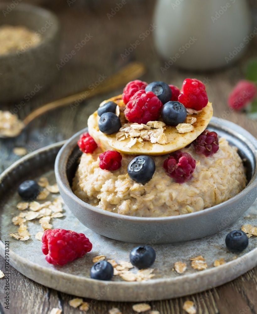 Oatmeal with red fruits and pancake