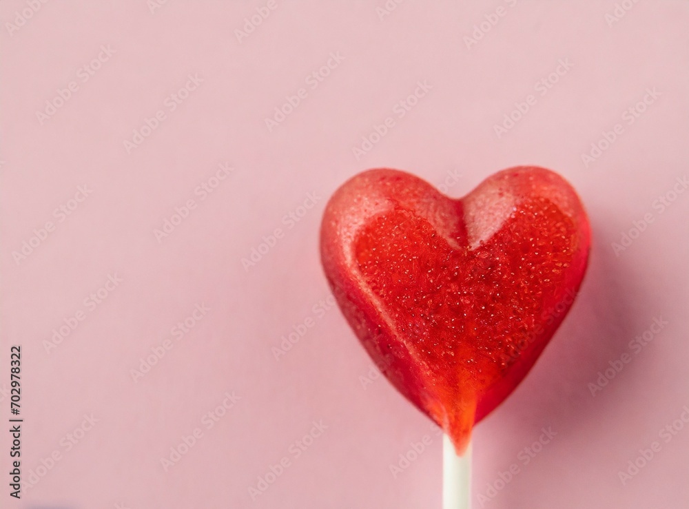 Heart shaped candy on a stick on pink background with copy space. Valentine's Day celebration.