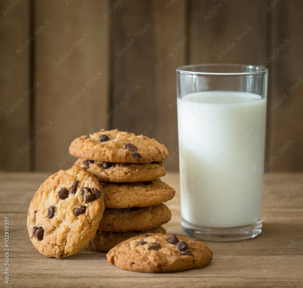 Stack of chocolate chip cookies and glass of milk on the table on brown background Stack of chocolate chip cookies and glass of milk on the table on brown background