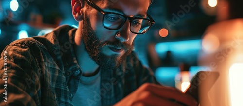 Caucasian hipster guy wearing glasses, searching for website content while watching videos on smartphone.