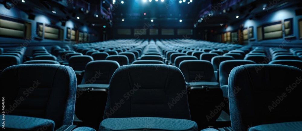 Empty-seated movie theater with high contrast image projection.