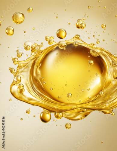 Golden liquid drops with bubbles. Rich in Vitamin D3. photo