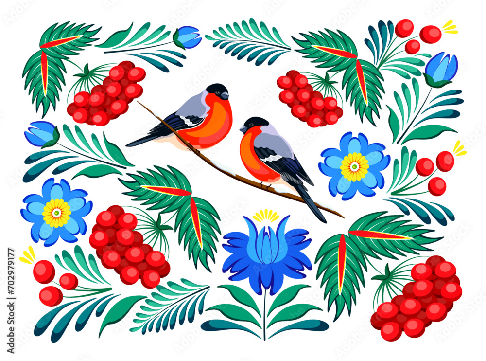 Vector illustration of Petrykivka painting. Petrykivka composition of the winter season with Bullfinch bird sitting on a branch,leaves,viburnum, flowers in a cartoon style. Ukrainian painting.