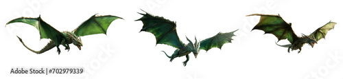 Green fantasy dragon in flight - Pen tool premium cutout - Transparent PNG background - Mythological dragon beast creature in flight with long wings