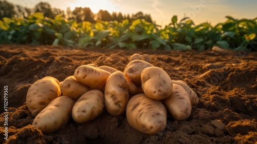 Newly harvested potatoes in ground