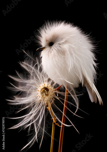Cute white bird and dandelion with black background. Illustration. Created with generative ai technology