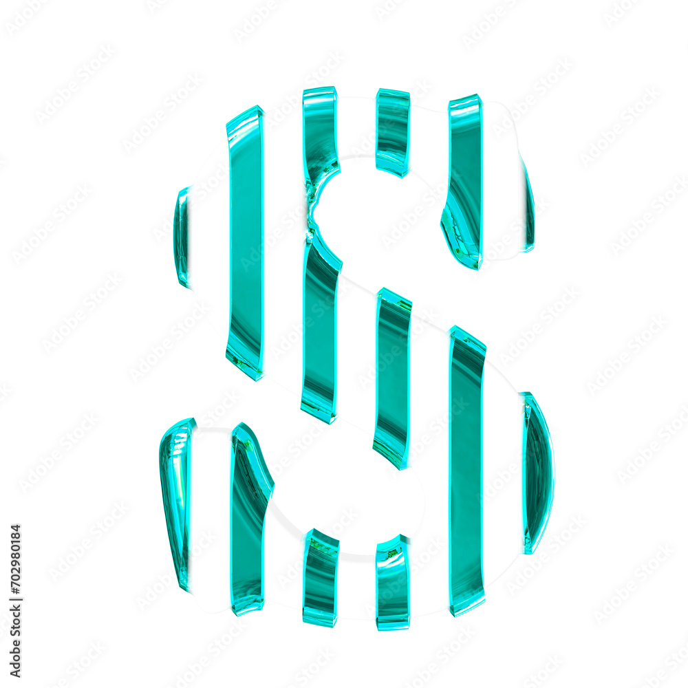 White symbol with thin turquoise vertical straps. letter s
