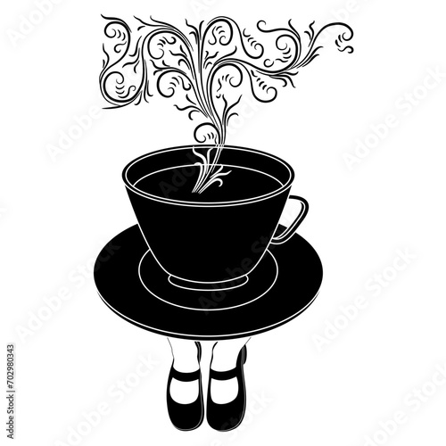 Steaming cup of tea or coffee standing on female feet wearing Mary Jane shoes. Creative funny beverage or drink design. Black and white silhouette.