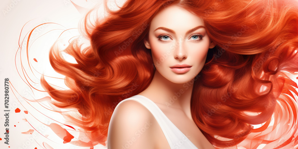 banner for a hair salon featuring glossy, wavy, beautiful red hair on a young woman with long, healthy hair. banner for a hair salon featuring glossy, wavy, beautiful red hair on a young woman with long, healthy hair.