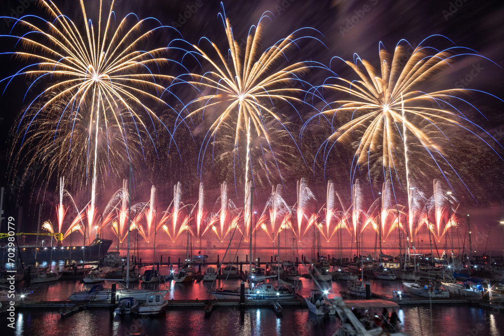 Fototapeta premium New Year 2024 fireworks in Ponta Delgada, Azores, Portugal