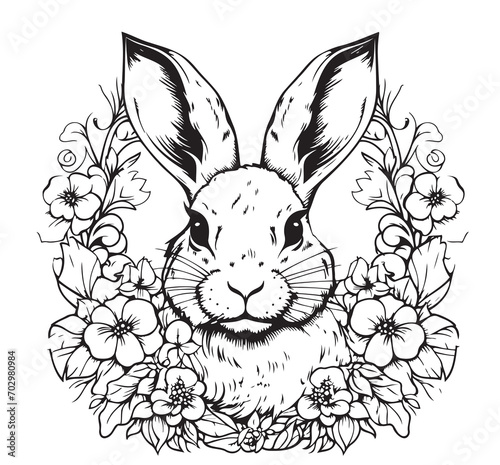 Decorative rabbit. Composition with a bunny, flowers ornament. Happy Easter greeting card of bunny, rabbit icon, on white background.