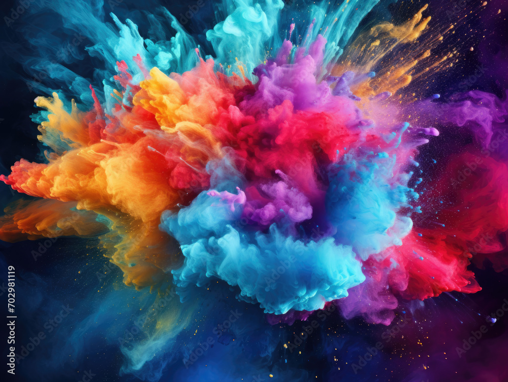 Fototapeta premium Colored powder explosion. Abstract closeup dust on backdrop. Colorful explode.