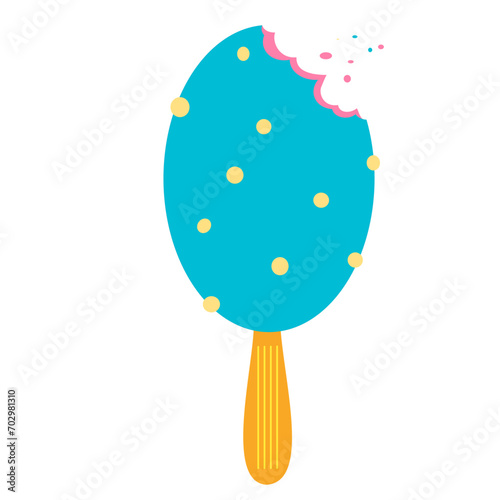 Blue ice cream.  Blue ice cream with puffed rice on a wooden stick