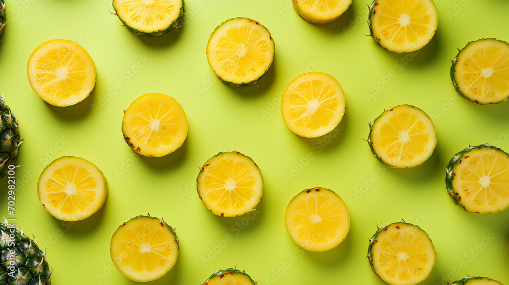 Creatively Arranged Pineapple Pieces on a Lime Green Background for a Refreshing Tropical Display