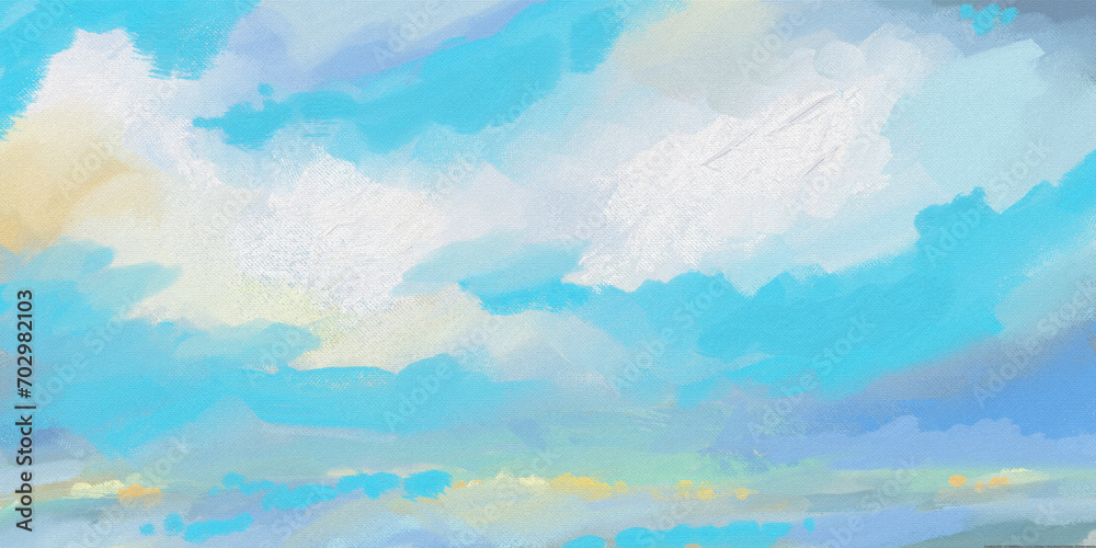 Impressionistic Long Seascape or Landscape of Clouds Over Lake or Sea Water with Cheerful, Bright Colors of Teal or Aqua, Lavender & Yellow, Art, Artwork, Digital, Painting, Design, Illustrations, 