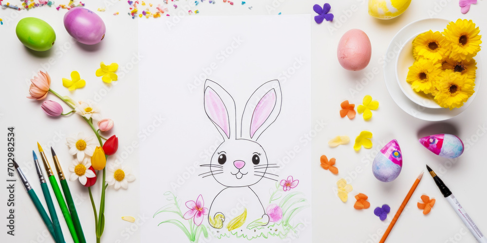 Easter bunny drawing with holiday decorations on white Easter bunny drawing with holiday decorations on white