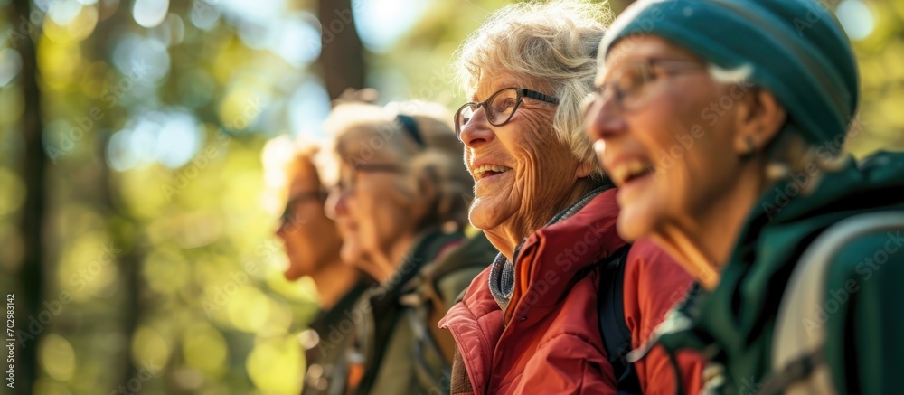 Elderly people in Boston find happiness and motivation in a diverse exercise group trekking outdoors, embracing an active and fun lifestyle with friends. Elderly people in Boston find happiness and motivation in a diverse exercise group trekking outdoors, embracing an active and fun lifestyle with friends.