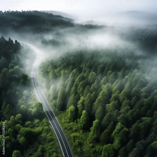 view of the road in fog.Minimal nature concept.Flat lay top view copy space.Generative AI