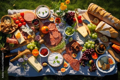 An overhead shot of a picnic blanket spread with delicious food on a sunny meadow © PinkiePie