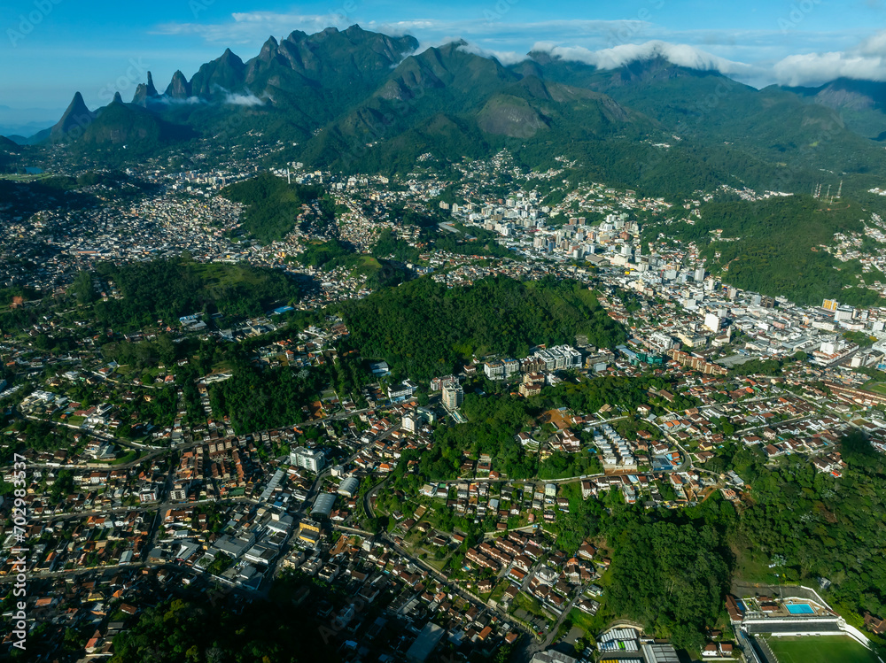 Wonderful landscape and mountain town. Mountain of the Finger of God, the city of Teresopolis, State of Rio de Janeiro, Brazil.