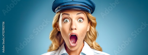 woman in a flight attendant's uniform with a cap, wide-eyed and with an open mouth, expressing surprise or shock, set against a blue background. photo