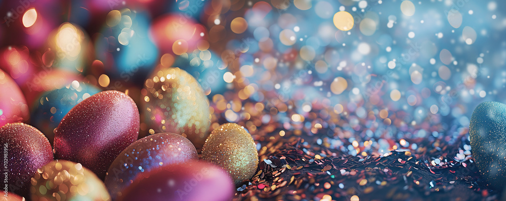 Colourful Easter eggs background decorated with glitter, close up.