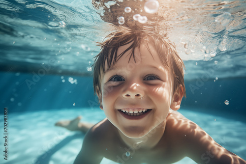 Portrait of a cute little boy swimming underwater. Underwater kid portrait in motion. Generative AI.