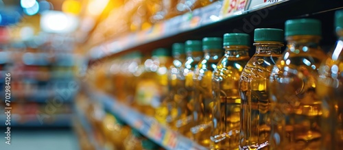 Unhealthy palm oil bottles in market shelves, with a blurry supermarket backdrop.
