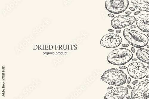 Dried fruits card hand drawn vector illustration. Frame background with Prunes, dried apricots, dry fruits, dates for packaging, textile, print, template, label.Design for text, decorative ornament