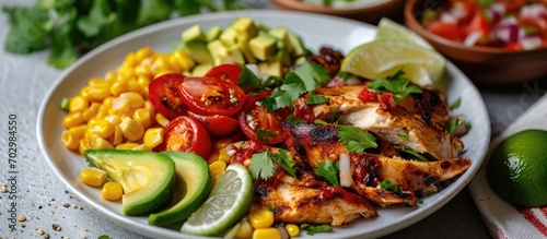 Traditional Mexican street food featuring grilled chicken, avocado, corn kernels, tomato, onion, cilantro, and salsa served on a white stone table.