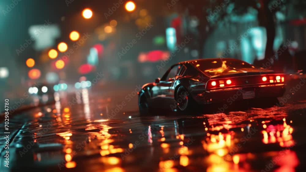 Car racing at night in a cyberpunk city with flashing lights and rain close-up animation Car racing at night in a cyberpunk city with flashing lights and rain close-up animation