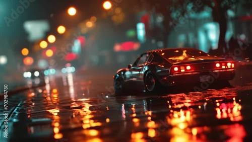 Car racing at night in a cyberpunk city with flashing lights and rain close-up animation photo