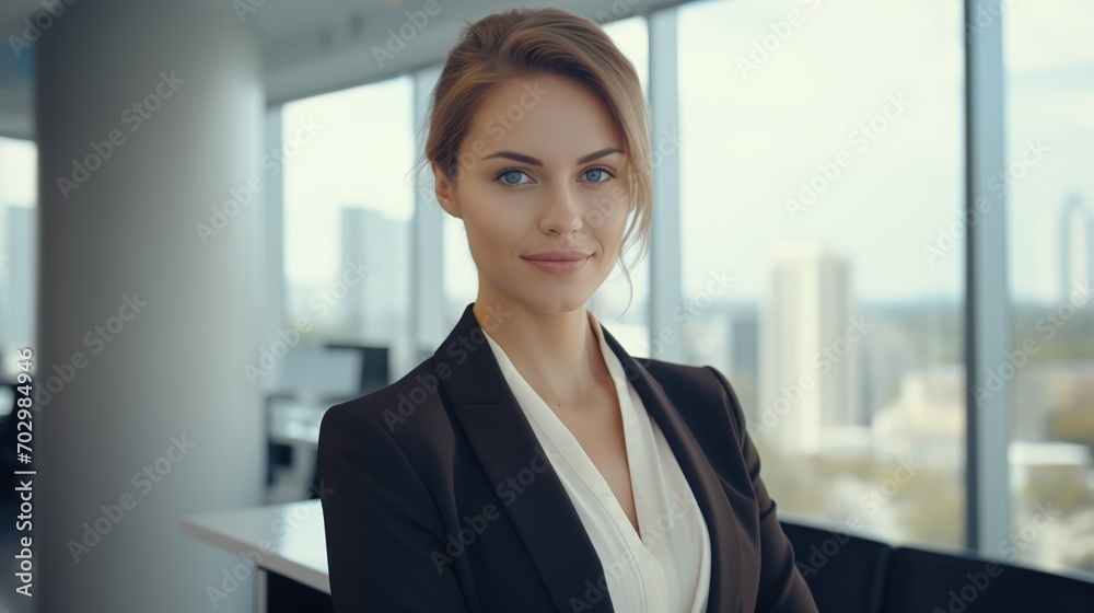 Close Up Beautiful Portrait of a white Businesswoman Posing Next to Window in Big City Office with Skyscrapers. male CEO Smiling And Looking At Camera. Successful Business Manager, generative ai. Close Up Beautiful Portrait of a white Businesswoman Posing Next to Window in Big City Office with Skyscrapers. male CEO Smiling And Looking At Camera. Successful Business Manager, generative ai.
