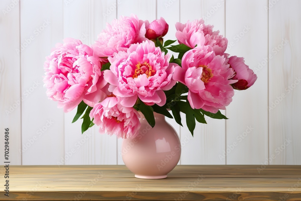 Pink peony flowers in vase on wooden table Pink peony flowers in vase on wooden table