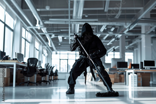 Ninja sweeping the floor in white office, cleaning service. photo