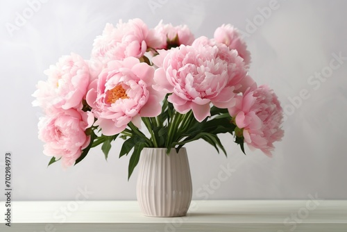 Pink peony flowers in vase on wooden table