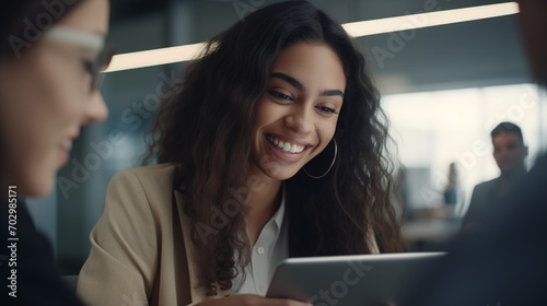 Cute curly cheerful brunette businesswoman on business meeting in the office with her colleagues holding tablet