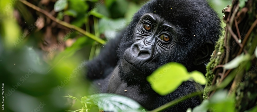 Fototapeta premium Infant gorilla discovered in Uganda's Bwindi Forest.