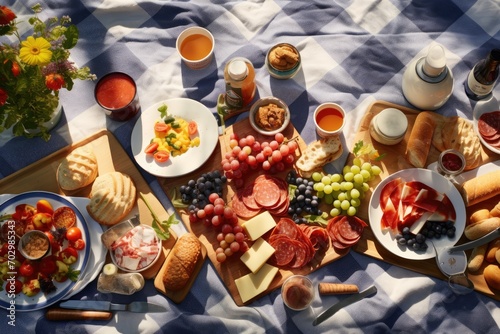 An overhead shot of a picnic blanket spread with delicious food on a sunny meadow photo