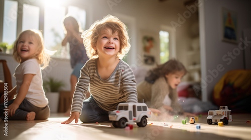 Joyful children playing with toys on the floor in sunny living room.