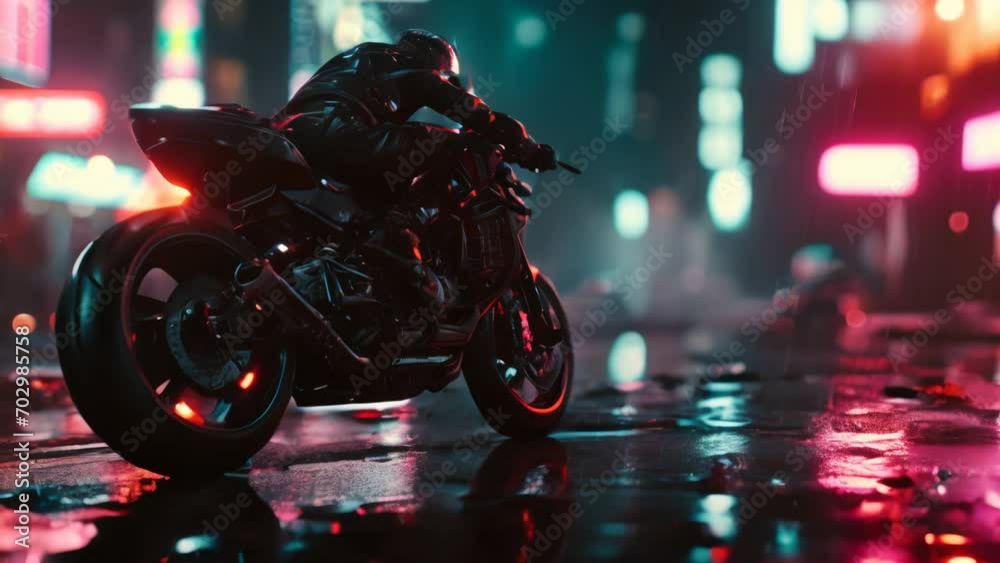 Lonely biker close-up in a neo noir megacity cyberpunk environment with night lights and rainy weather animation
