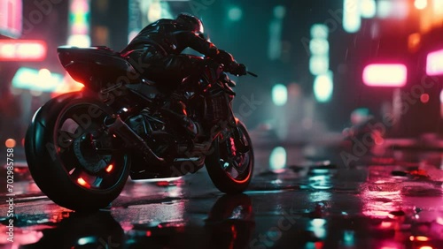 Lonely biker close-up in a neo noir megacity cyberpunk environment with night lights and rainy weather animation photo